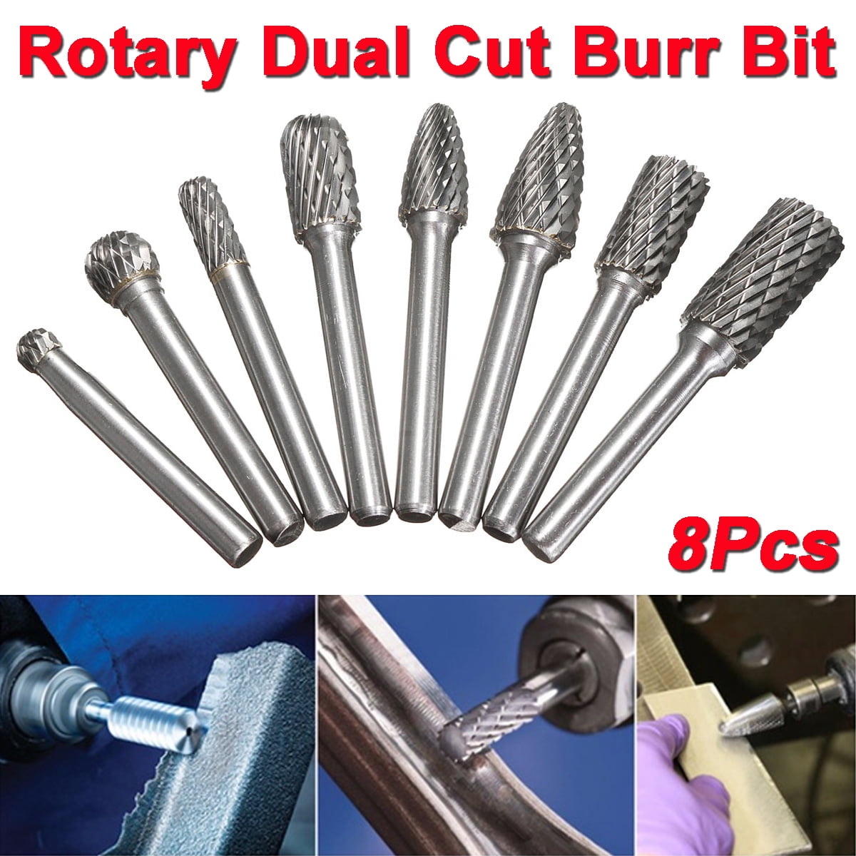 8Pcs 1//4‘’ Double Cut Carbide Alloy Rotary Burr Shank File Power Tools Set Hot