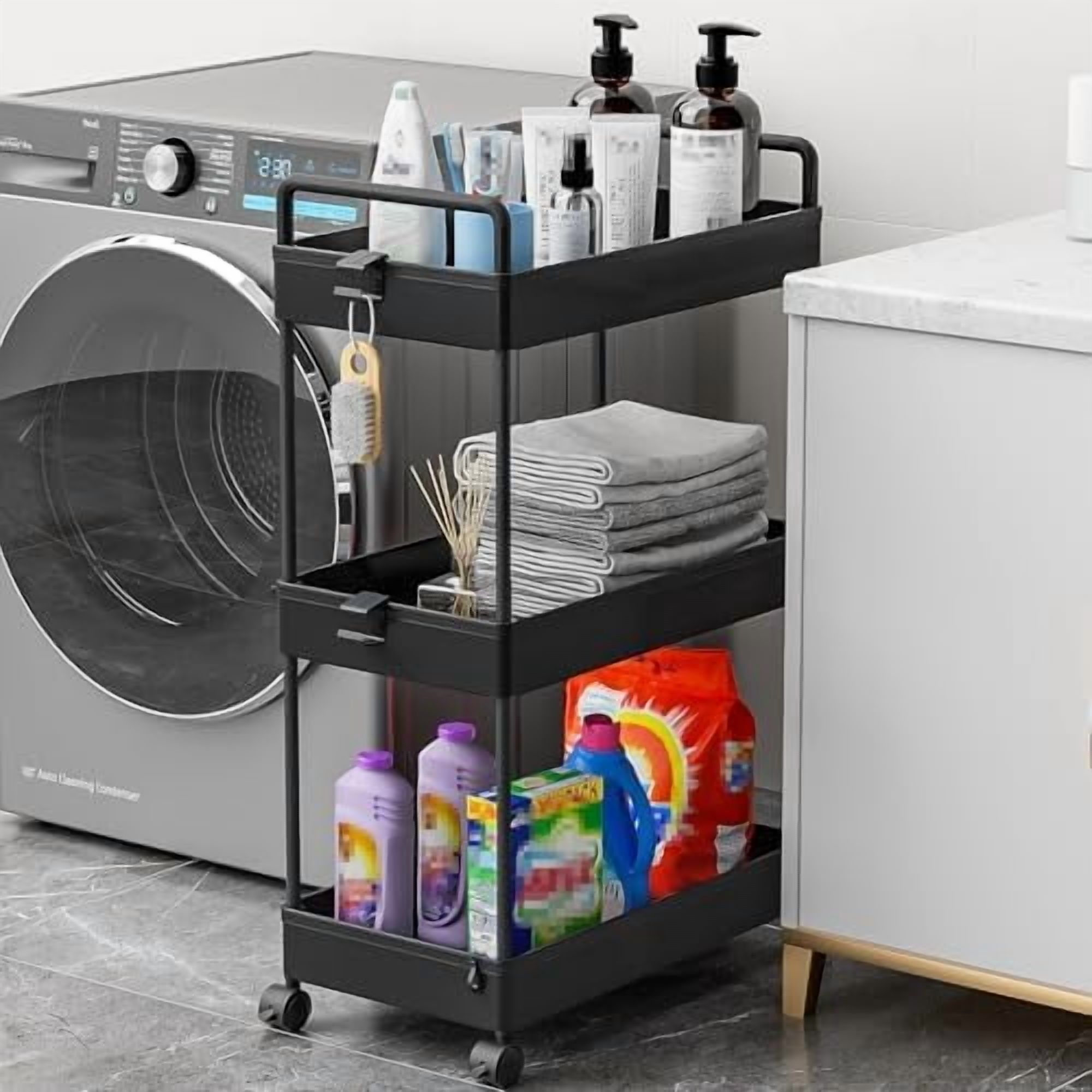 3 Tier Slim Rolling Storage Cart with Wheels Plastic Utility Cart Organizer for Snack Craft Art Postpartum Baby Diaper Nail Makeup in Bathroom Laundry Room Kitchen Bedside Narrow Space, Black
