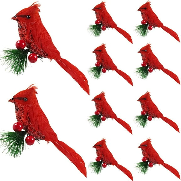 lvdiandian 10PCS Artificial Red Cardinal Birds Clip on Pine Branches -Christmas Realistic Feathered Birds with Clip for Christmas Tree Ornament Decorations, Arts and Crafts