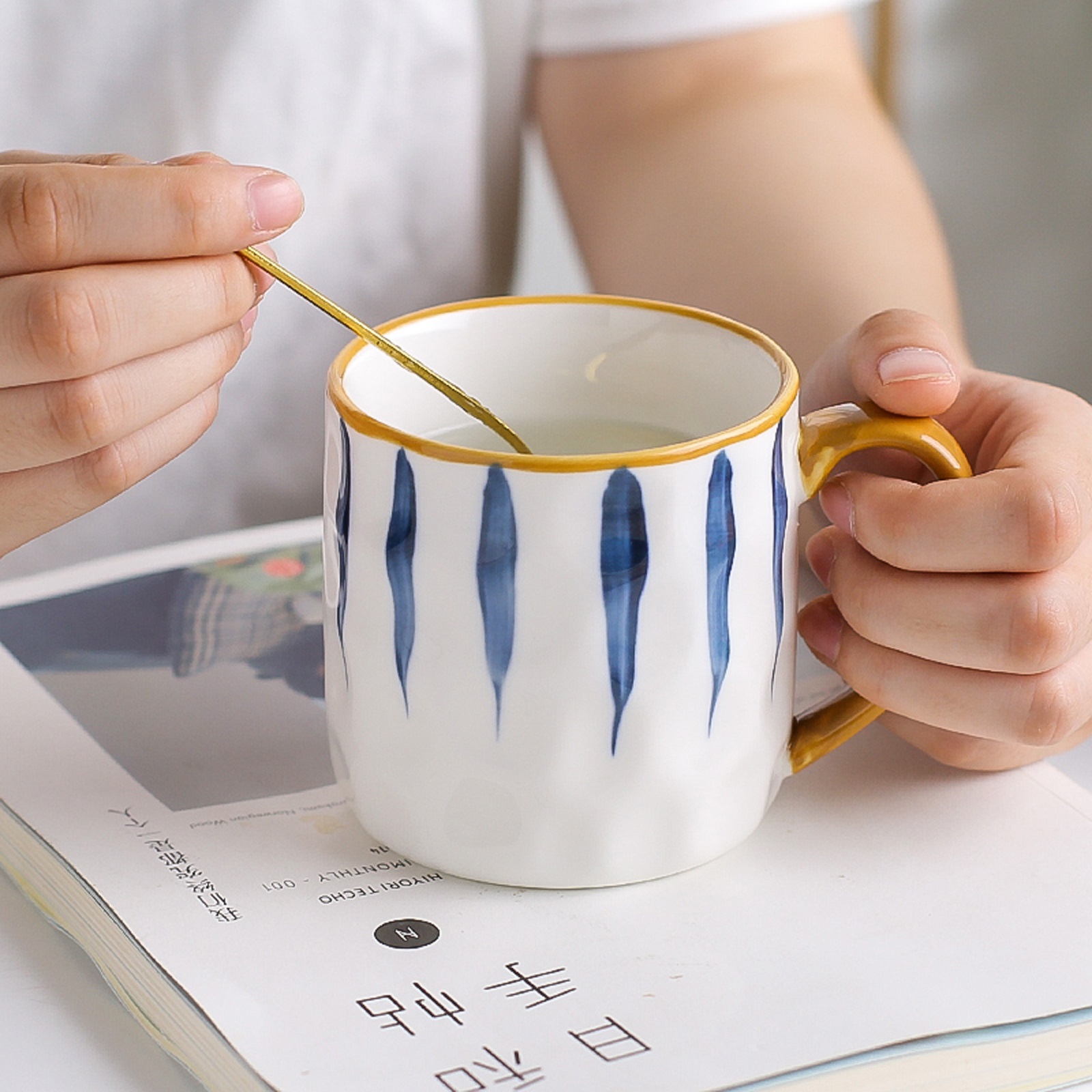 400ml Porcelain cup with handle, ceramic coffee cup, blue stripes coffee cup, ceramic cup with gold rim, espresso cups, for coffee, tea, milk, cappuccino