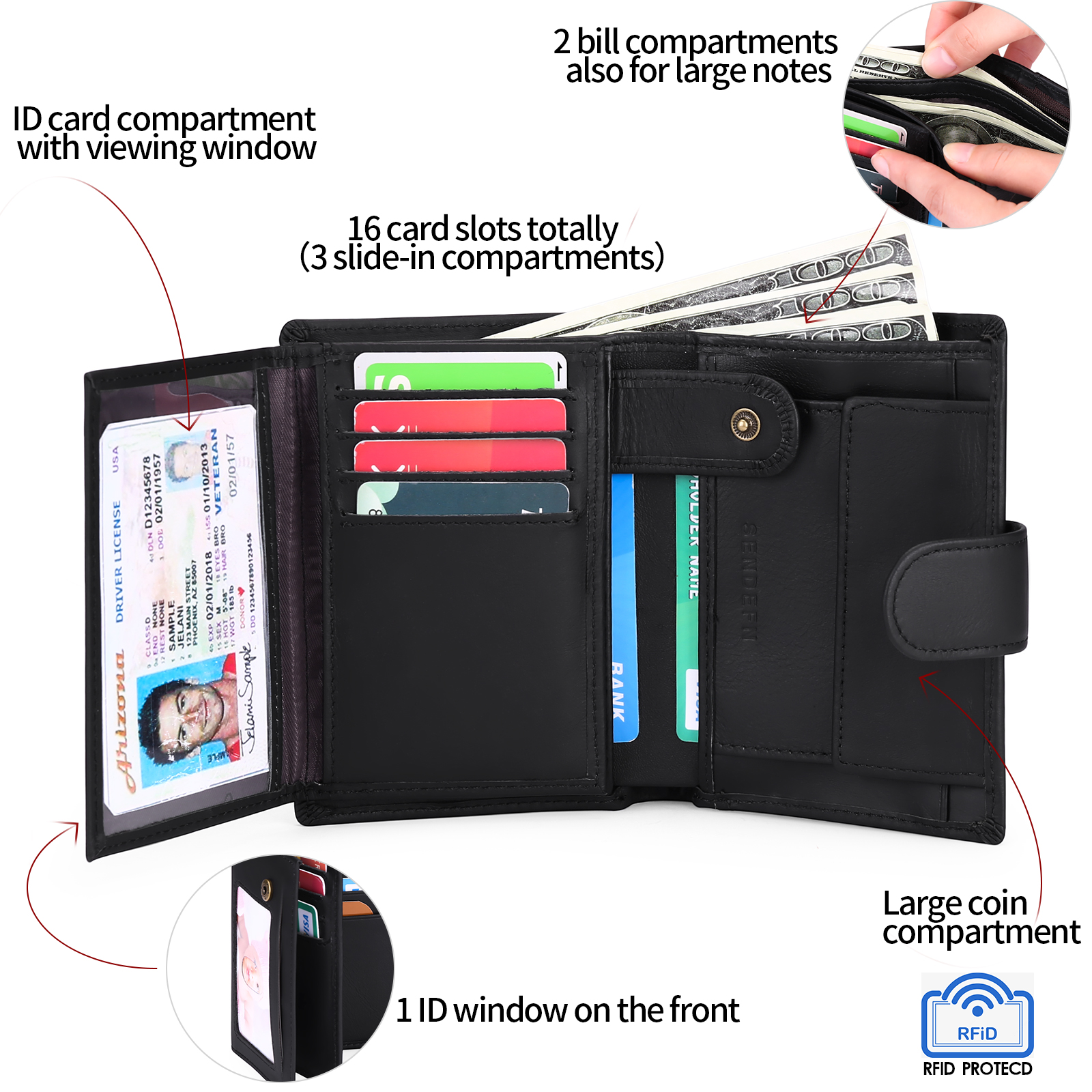 SENDEFN Men's Genuine Leather Trifold Wallet, Black photo 5