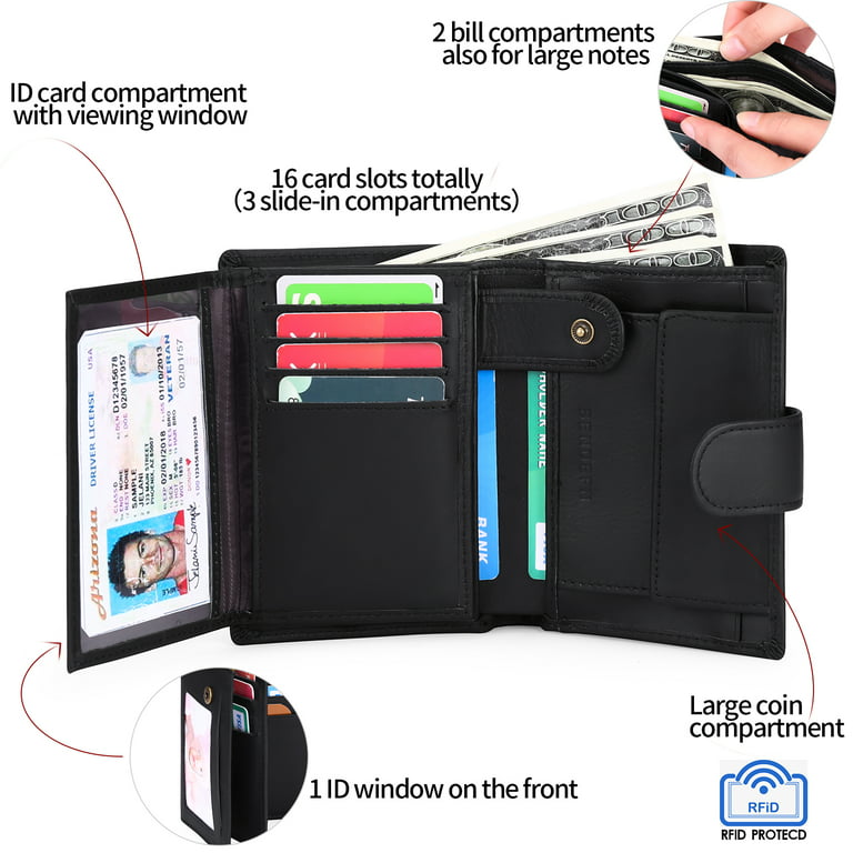 RFID Leather Trifold Extra Capacity Zipper Coin Pocket Wallet for Men