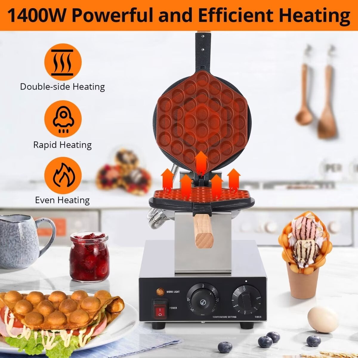 Bubble Waffle Maker, 1400W Electric Non Stick Egg Waffler Maker, Double-sided Heating Bubble Waffle Maker Machine for Home & Commercial Use