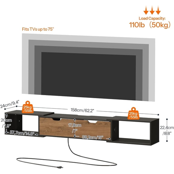 62.2" Floating TV Stand with Power Outlet, Corner Floating Entertainment Center, Wall Mounted Entertainment Center with Storage for Living Room, Under TV Shelf, Walnut and Black BH77UDS01