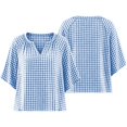 thumbnail image 7 of Women's Plus Size Gingham Blouses V Neck 3/4 Sleeve Loose Tunic Shirts Work office Casual Summer Tops Lightweight Everyday Plaid Shirts Blue, 7 of 7