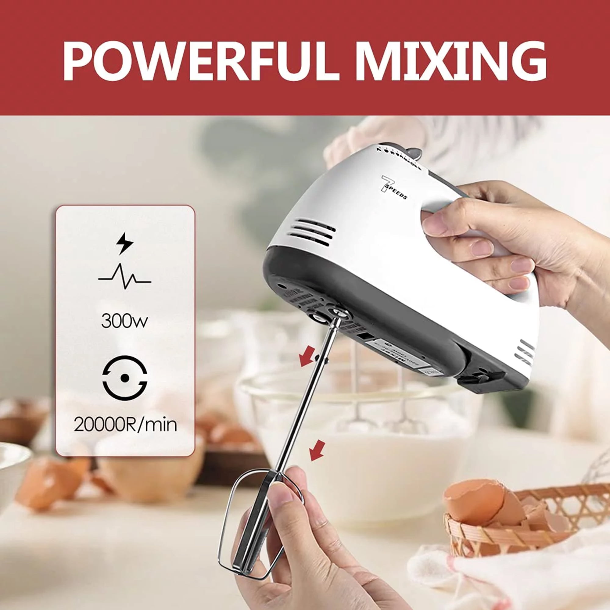 Electric Hand Mixer, 7-Speeds Lightweight Hand-Hand blender mixer, Portable Powerful Kitchen Mixer Stainless Steel Egg Whisk with Egg White Separator, Egg Sticks & Dough Sticks for Baking & Cakes