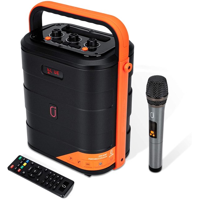 JYX Máquina de karaoke con dos micrófonos inalámbricos, altavoz Bluetooth portátil con ajuste de graves/agudos, sistema PA con control remoto, luces LED, compatible con tarjeta TF/USB, entrada auxilia