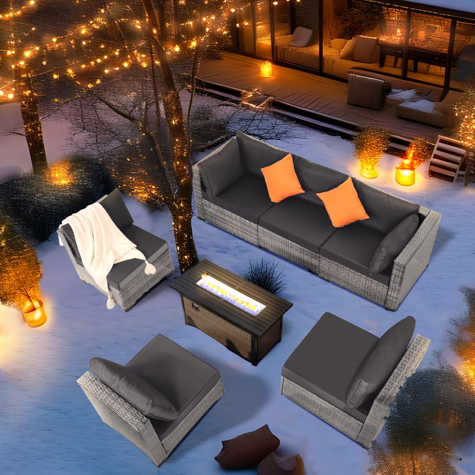 FHFO 7 Pieces Outdoor Patio Furniture Set, Wicker Sectional Sofa Set Rattan Modular Patio Conversation Sets with Cushions Couch Set & Coffee Table for Outside, Garden, Balcony, Porch, Grey/Gray
