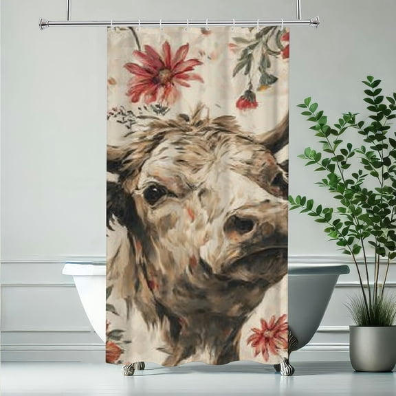 RKSupls Christmas Shower Curtain, Highland Cow Shower Curtain with Hooks for New Year Home Bathroom Decor Washable Curtains, 36x72 in