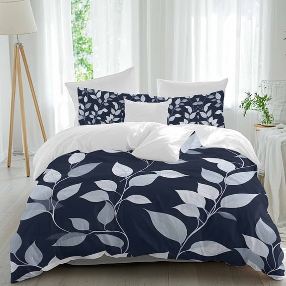 3 Piece Blue White Eucalyptus Duvet Cover Set Queen Size,Microfiber Comforter/Quilt Cover with Corner Ties and 2 Pillowcases,Spring Summer Watercolor Leaf All Season Soft Bedding with Zipper Closure