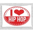 thumbnail image 1 of Hip Hop Tapestry, I Love Hip Hop Phrase on a Circular Grungy Background with Star Shapes, Wall Hanging for Bedroom Living Room Dorm Decor, 80W X 60L Inches, White and Vermilion, by Ambesonne, 1 of 2