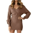 thumbnail image 2 of BSDJILFG Short Sweater Dress for Women Fall Mini Dress Long Sleeve V-Neck Bodycon Soft Cotton Knitted Wrap Cocktail Dress Winter, 2 of 9
