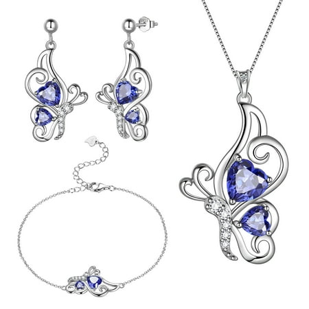Beautlace Butterfly Heart Jewelry Set,925 Sterling Silver December Tanzanite Birthstone Pendant Necklace/Earrings/Bracelet Set Cute Animals Jewelry Gift for Women Girls