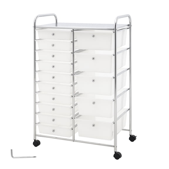 KFFKFF Rolling Cart with Drawers, Double Row 15-Drawer Storage Organizer, Mobile Utility Cart with Sturdy Steel Frame, Smooth Casters & 2 Brakes, Ideal for Office, Classroom, Craft Room, Studio
