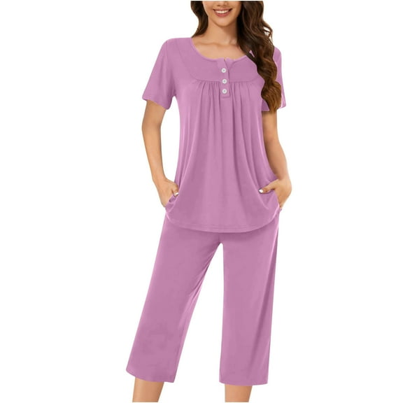 Jalioing Short Sleeve Pajama Set for Women 2 Piece Pleated Crew Neck Top and Capris Set Comfy Lounge Set with Pocket