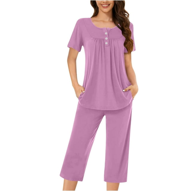 Yuyuzo Pyjamas pour Femmes Ensembles Manches Courtes Col Rond Plissé Tunique Top Capri Pantalons avec Poches Pjs Ensembles Loungewear