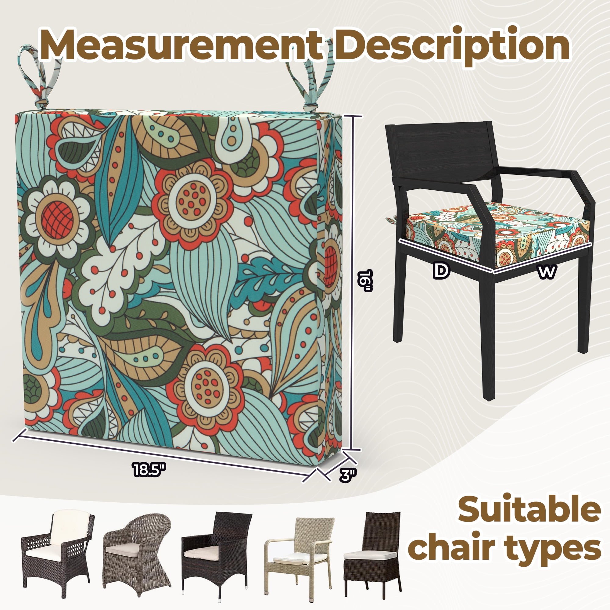 PYPUMSA Outdoor Chair Seat Pads Cushions Set of 4 for Patio Furniture, Water-Resistant Patio Chair Cushions with Ties, High Density Foam Outdoor Seat Cushion, 18.5" X 16" X 3", Flower Green