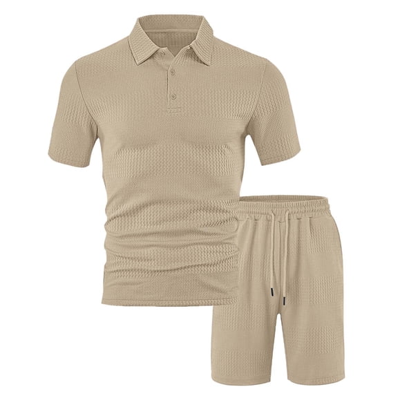 KKBOTIVE Mens 2pc Outfit Set Button Down Crewneck T Shirt Top and Shorts Pants Set 2 Piece Summer Suits Adults, Khaki Size: M