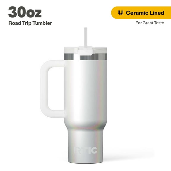 RTIC 30 oz Insulated Tumbler with Handle, Ceramic Lined, Leak-Resistant Straw Lid, White Glitter, Road Trip Tumbler