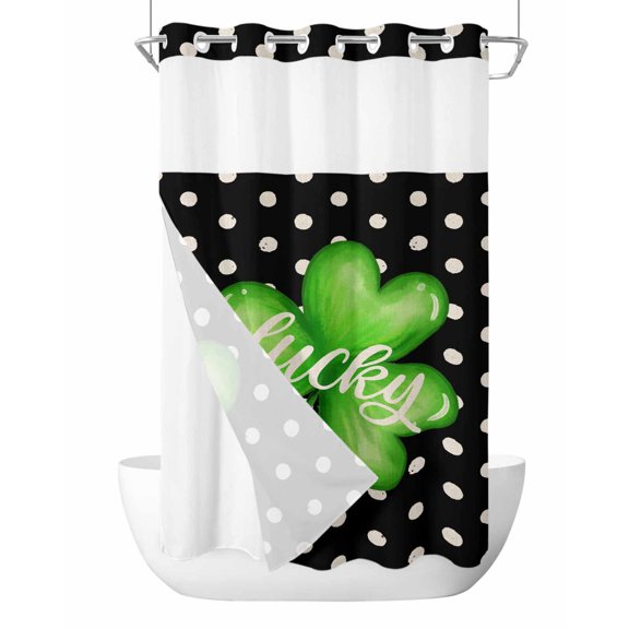 No Hook St. Patrick's Day Shower Curtain with Snap in Liner Set, Green Lucky Black White Polka Dots Waterproof Fabric Bathroom Curtains with See Through Top Window, Hotel Style Small 36 x 72 Inch
