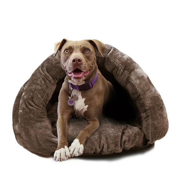 Birdsong The Original Cuddle Pouch Pet Bed (Large), Dog Cave, Covered Hooded Pet Bed, Cosy, for Burrower Cats and Dogs, Brown