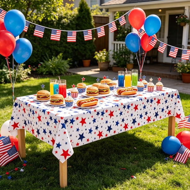 Mantel desechable con diseño de la bandera estadounidense para fiestas del Día de la Independencia, cubierta de mesa de plástico patriótica para picnics, barbacoas y celebraciones festivas.