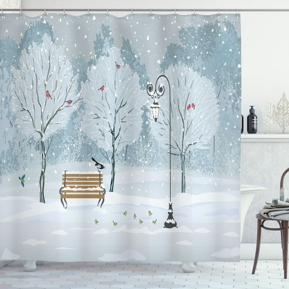 Ambesonne Winter Shower Curtain, Snow in Park Xmas Trees, 69"Wx75"L, White and Blue