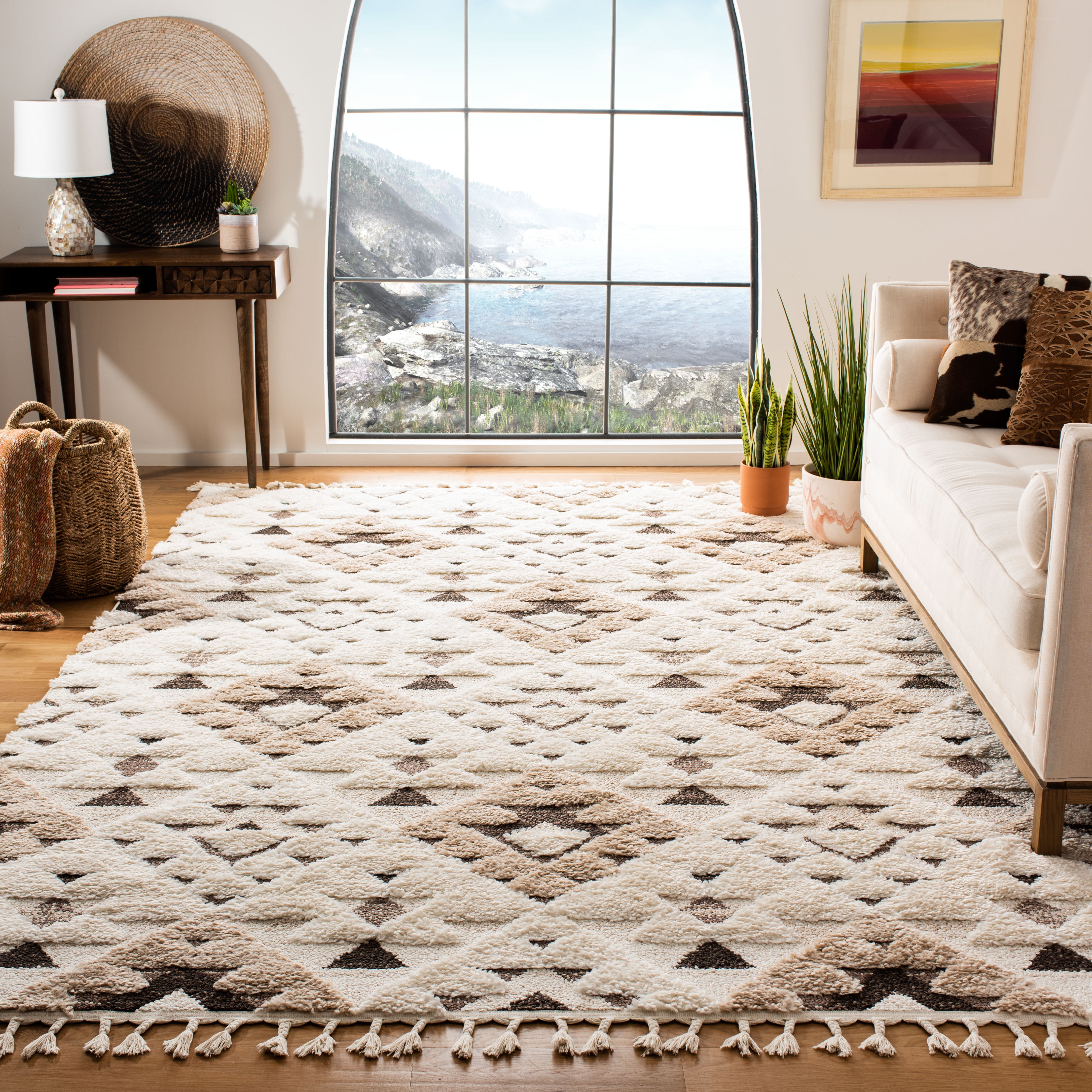 SAFAVIEH Moroccan Tassel Larry Geometric Shag Area Rug, Ivory/Brown, 11' x 15'
