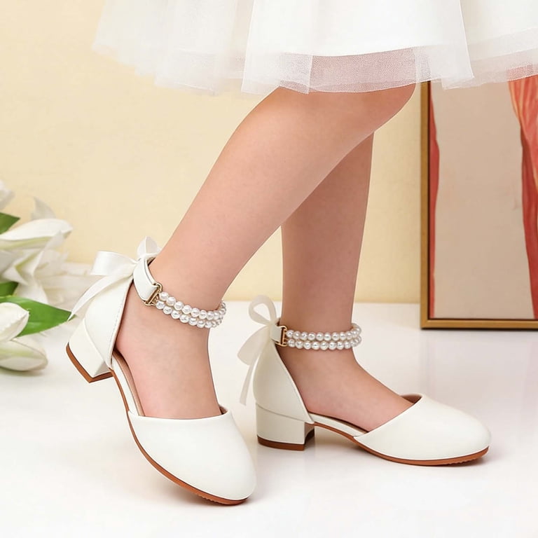 shoes for ankle length dress Hihipz Big Girls Pearl Strap Heeled With Bow Princess Party Wedding Shoes mikado dress For Love & Lemons Size:Large - 12