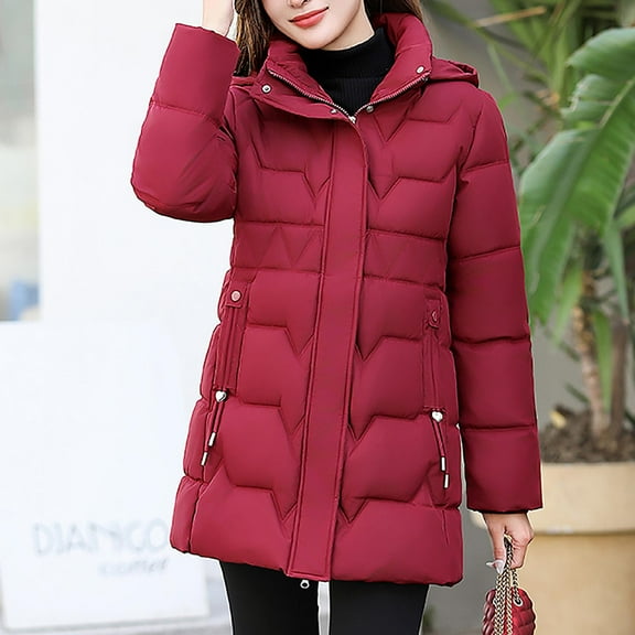 LEKWK Heavy Winter Coats for Women Zip up Quilted Down Jackets Button up Hooded Warm Padded Coat with Pockets Outerwear