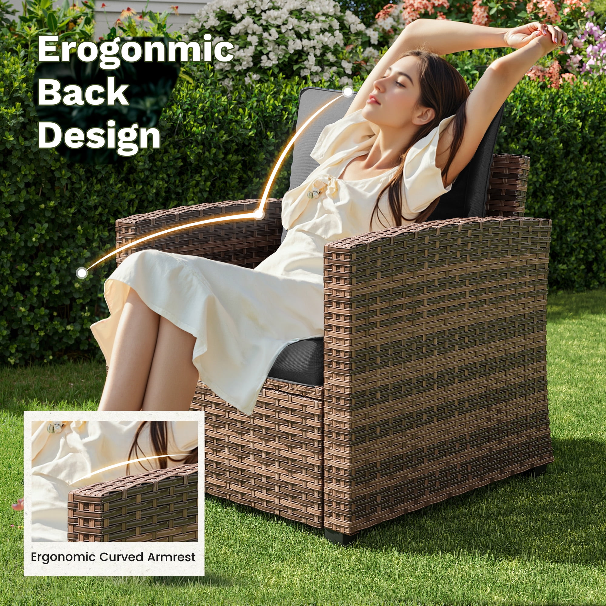 Poteban Patio Conversation Set, 5 Pieces Outdoor Furniture Set, All-Weather Wicker Rattan High Back Outdoor Sectional Sofa Set with Ottoman for Poolside, Backyard, Brown Wicker Dark Grey Cushions