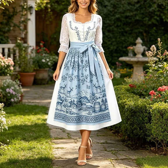 BRGZLK Women's German Dirndl Dress Trendy Novel Oktoberfest Costume Square Neck Lace Trim Bavarian Beer Carnival Halloween Outfit Light Blue A 2XL