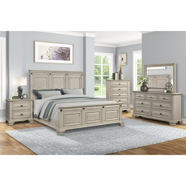 Renova Distressed Parchment Wood Bedroom Set King Panel Bed Dresser Mirror Nightstand Chest Walmart Com Walmart Com