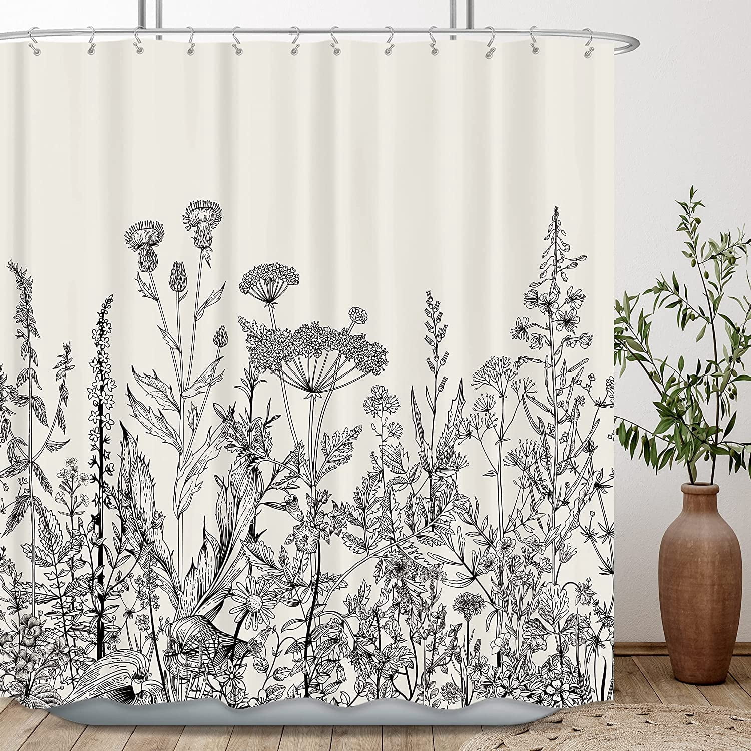 Wild Floral Shower Curtain Botanical Flower Plant Herbs Tulip Nature Blossom Wildflower Leaf Sketch Waterproof Fabric 72Wx72H Inch Polyester Bathroom Bathtub Decoration 12 Pack Plastic Hooks