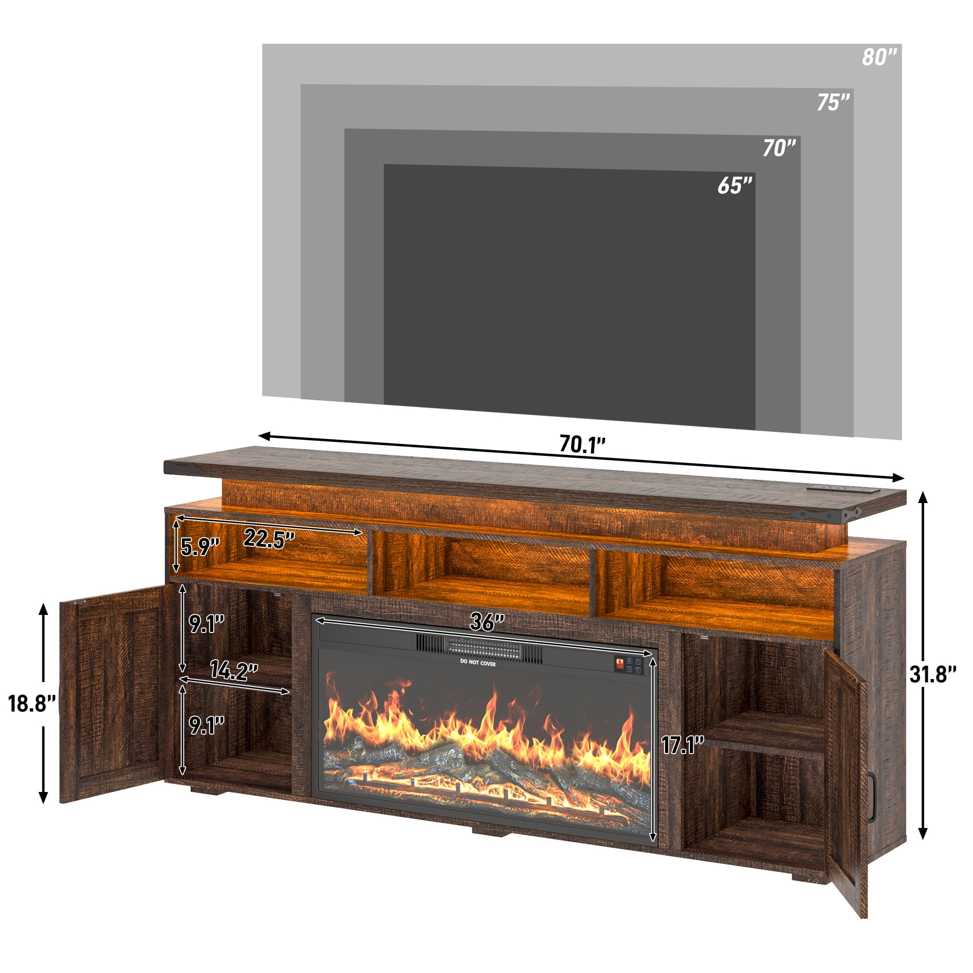 ChVans 70.8" Farmhouse Fireplace TV Stand for TVs up to 80" with 36" Electric Fireplace, 32" Tall Entertainment Center with Power Outlet/LED Lights, Media Console w/Sliding Barn Door for Living Room