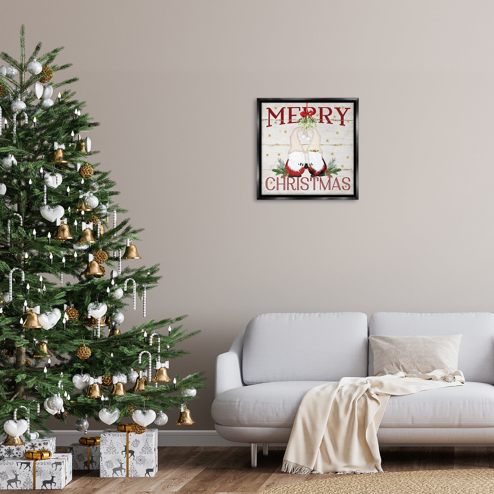 Stupell Industries Holiday Gnomes Under Mistletoe Holiday Painting Black Floater Framed Canvas Art Print Wall Art, 25 x 25