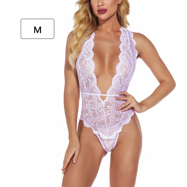 Ropa interior sexy para mujer Ropa de dormir Deep V Lace Body Lencería, Blanco, M Kearding XX000084-05