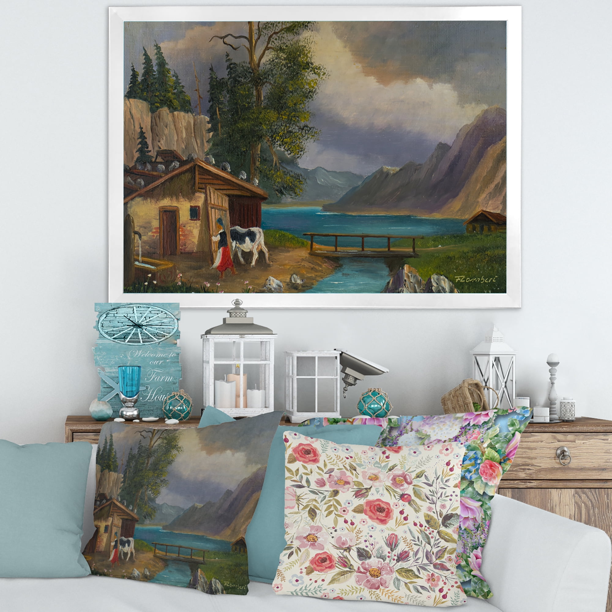 Girl Brings The Cow Into The Stable At A Lake 40 in x 30 in Framed Painting Canvas Art Print, by Designart