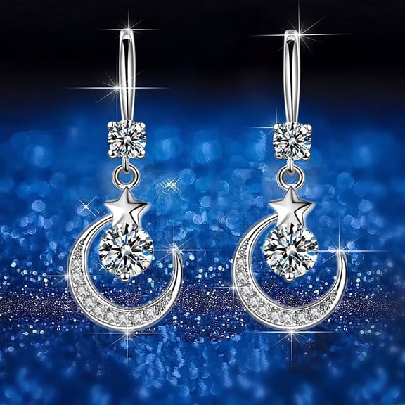 Goowood Moon Star Dangle Earrings for Women Silver Tone Blue Crystal Drop Earrings Rhinestone Celestial Jewelry Fashion Gift for Mom Wife Anniversary Wedding Party Valentine's Day Gift