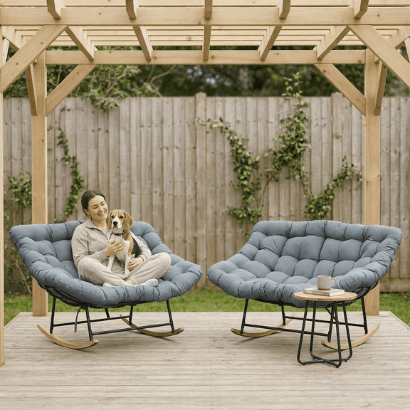 2-Piece Oversized 57'' Wide Loveseat Papasan Rocking Chair Set with 6" Thick Cushions, Indoor & Outdoor, Wood Base & Steel Frame,Grey