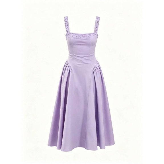 Purple Ruched Square Neck Fit & Flare Midi Dress For Women