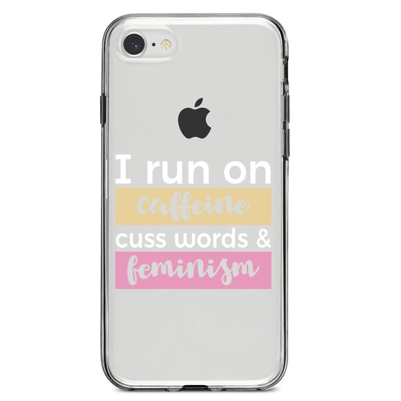 DistinctInk Clear Shockproof Hybrid Case for iPhone 7 8 SE (2020 Model) 4.7" Screen TPU Bumper Acrylic Back Tempered Glass Screen Protector - I Run On Caffeine Cuss Words & Feminism