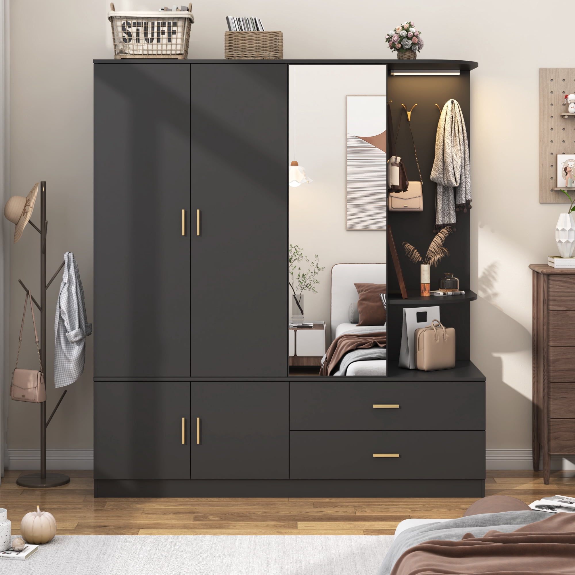Blotout 3 Door Armoire Wardrobe Closet with Mirror & Sensor Lights, 70'' Large Wardrobe Armoire with 2 Drawers & Shelves, Modern Wooden Armoire Storage with Hanging Rod for Bedroom, Black