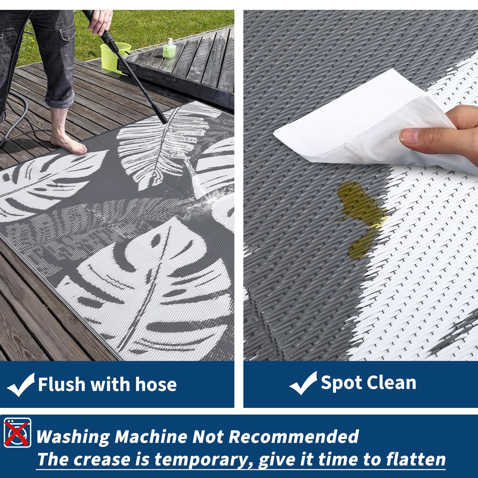 Hasoo 9' x 18' Gray/White Outdoor Rug Plastic Straw Rug Bohemia Carpet Waterproof PP Tube Woven Portable Mat for Patio Decor, Balcony, Picnic