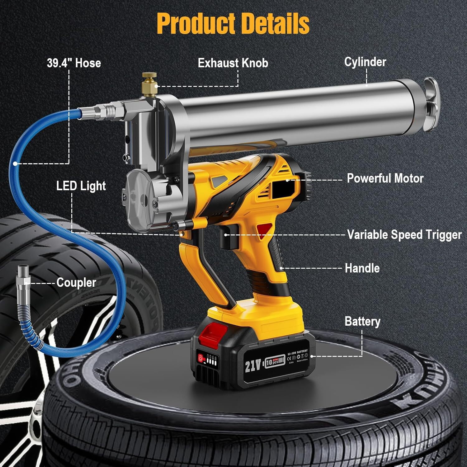 TaskStar 12,000 PSI Electric Grease Gun, Powerful Grease Gun Kit 6 oz/min Flow Rate  Battery Power Grease Gun, Cordless Grease Gun with 2*4000 mAh Batteries