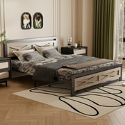 Behost Full Size Bed Frame, Farmhouse Wood Metal Platform Full Bed Frame with Headboard and 11 Underbed Storage