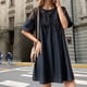 thumbnail image 5 of Vestido camisero plisado con botones de color liso para mujer - Corte holgado, diseño estilizante - Tallas M-XXXL, 5 of 7