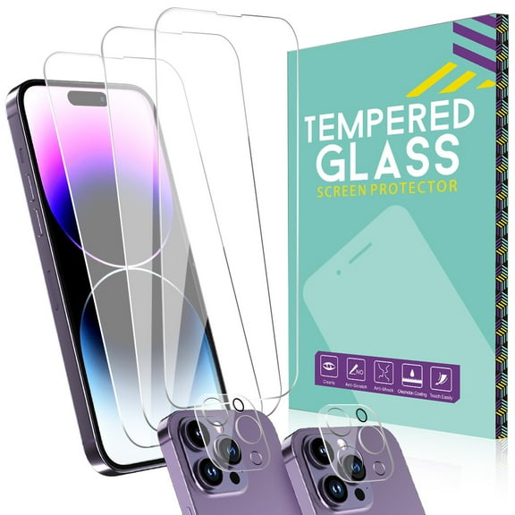 TASHHAR 3 Pack iPhone 14 Pro Screen Protector 6.1 Inch with 2 Pack Camera Lens Protector, HD Clear Tempered Glass 9H Hardness Scratch Resistant Bubble Free Rugged Durable Easy Installation