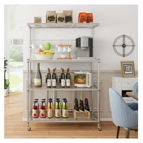 Bakers Rack 4 Tier on Wheels, Adjustable Shelves Metal Kitchen Rack for Microwave, Pots & Pans, Rolling Utility Storage Shelf with Hooks & Net, 42" x 18" x 62"