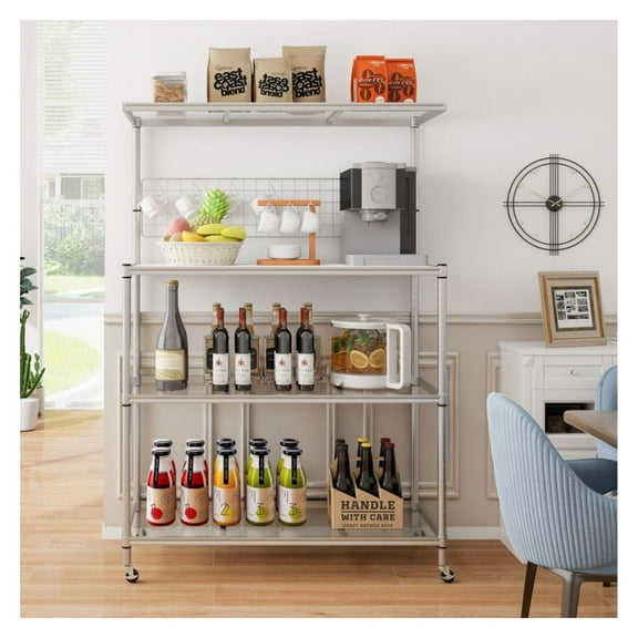 Bakers Rack 4 Tier on Wheels, Adjustable Shelves Metal Kitchen Rack for Microwave, Pots & Pans, Rolling Utility Storage Shelf with Hooks & Net, 42" x 18" x 62"